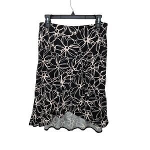 90s Floral Midi Skirt Size Medium Black Pink Asymmetrical Stretchy